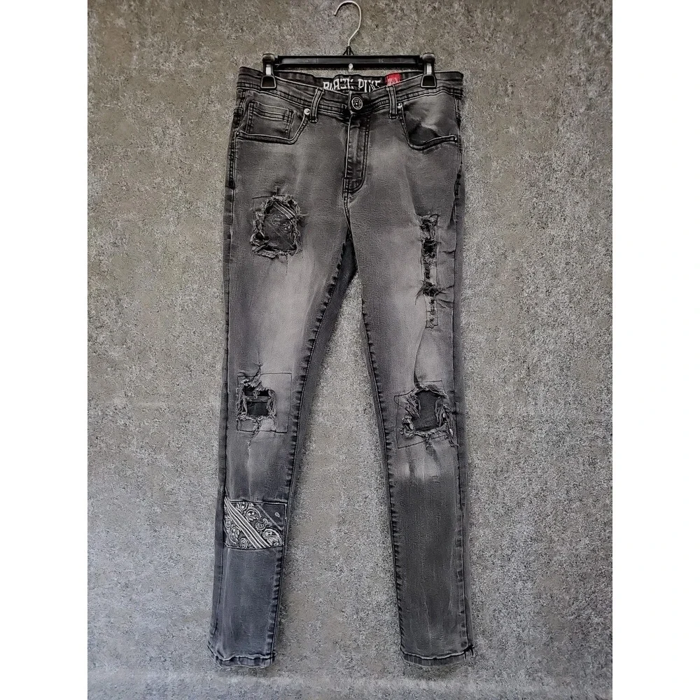 Black Pike Distressed Mens Skinny Jeans, Washed Black, Size 32